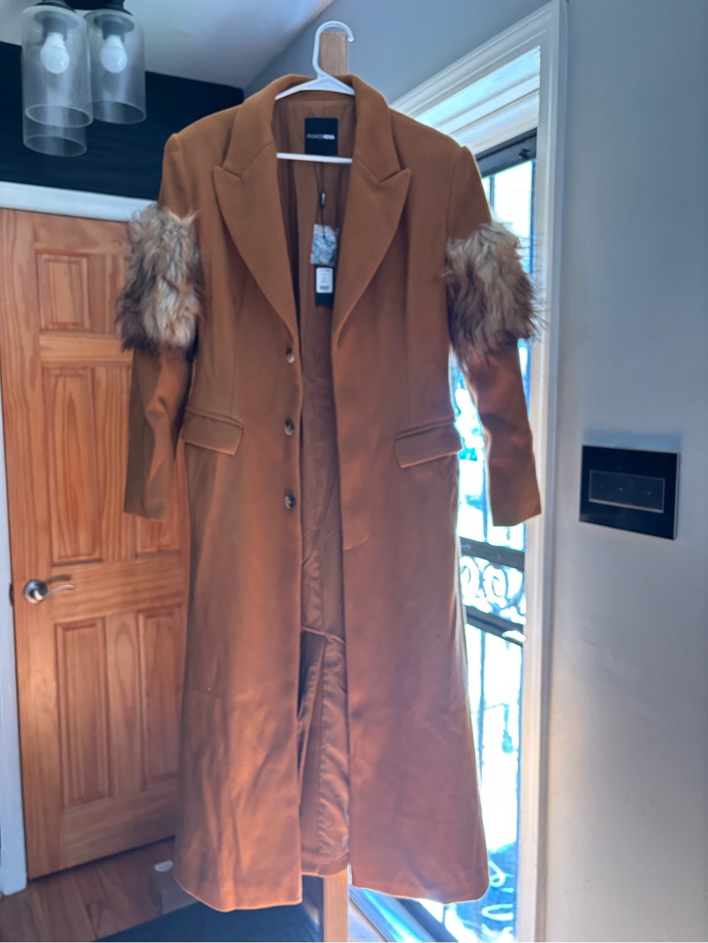 Fashion Nova Long Chestnut Trench Coat with Faux Fur Cuffs